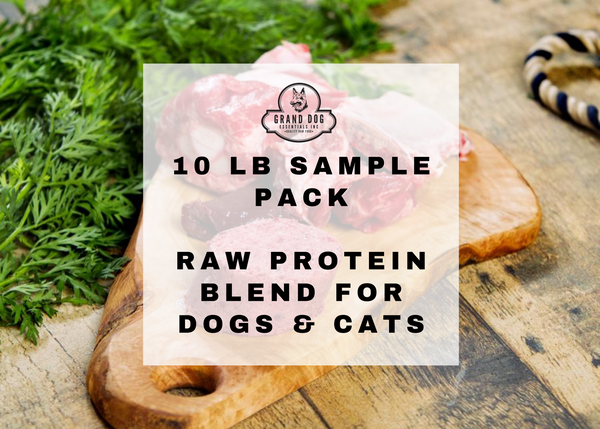 Picture of raw pet food in the background with the words in the foregound: 10 lb sample pack: raw protein blend for dogs and cats
