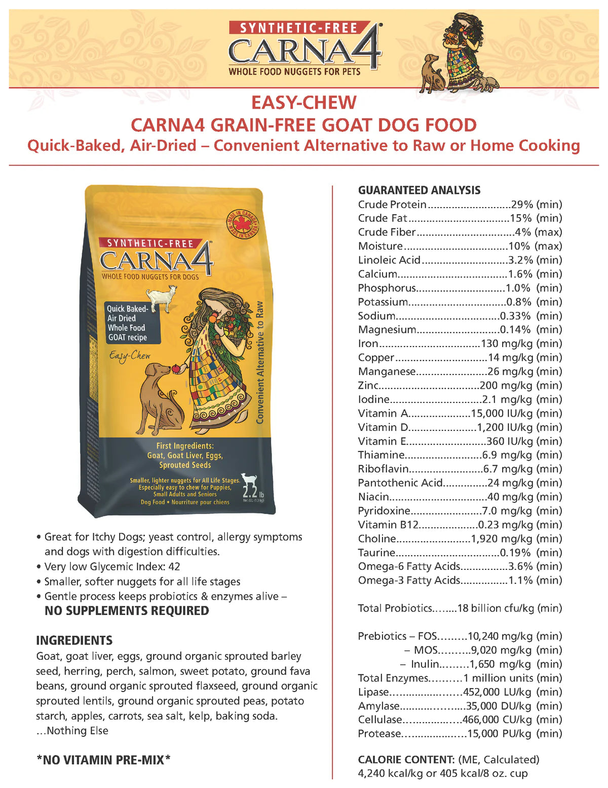 Carna4 Goat Formula Dog Food guarenteed analysis available at www.granddog.ca