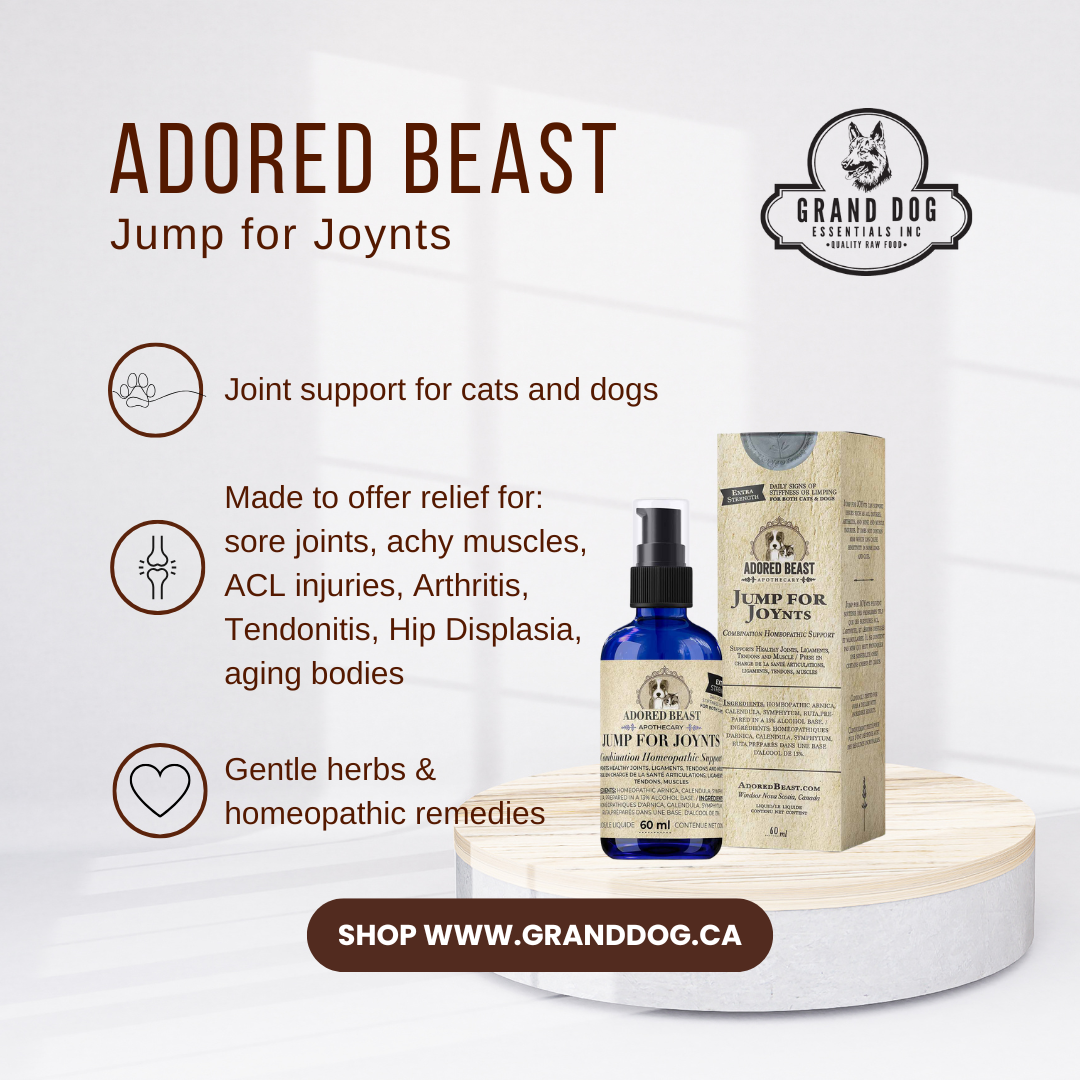 Advertisement for 'Adored Beast Jump for Joynts' joint support product for pets on a white background.