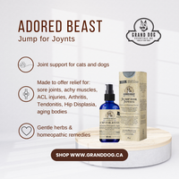 Advertisement for 'Adored Beast Jump for Joynts' joint support product for pets on a white background.