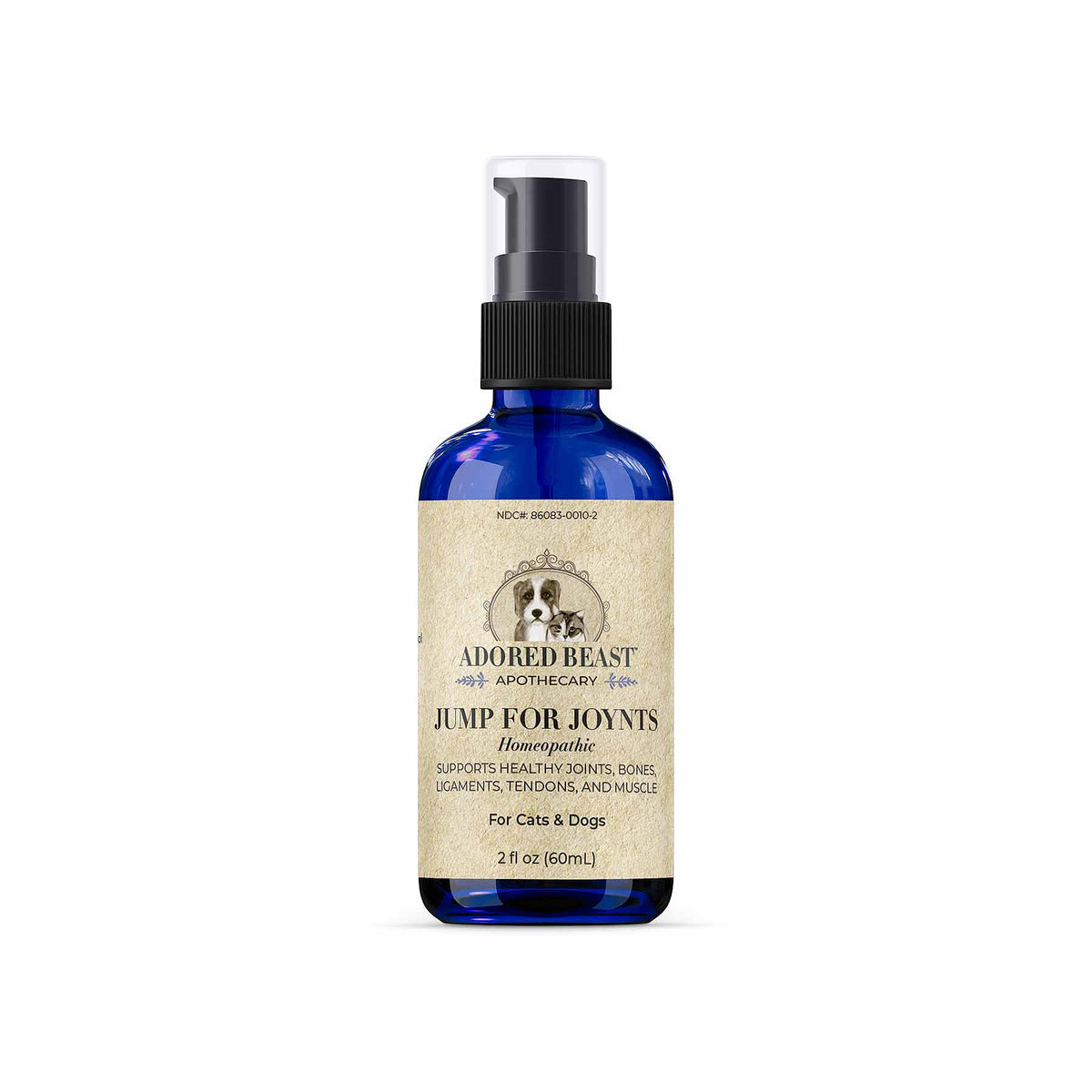 Blue bottle with beige label on a white background