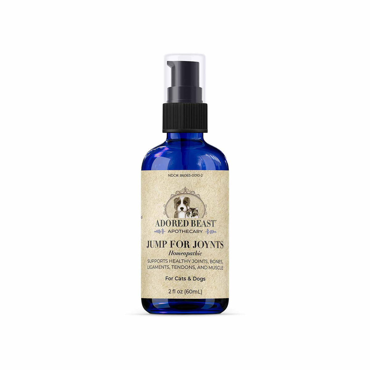 Blue spray bottle with a beige label on a white background