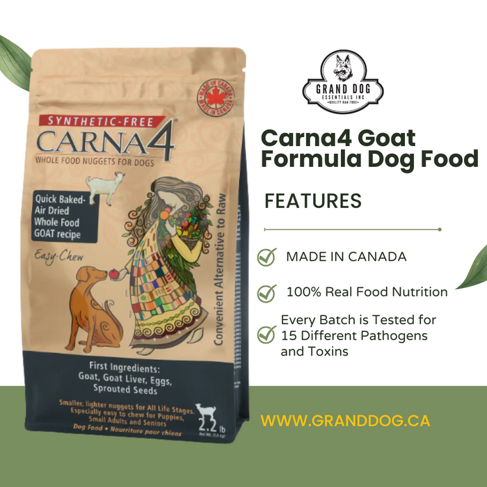 Graphic showing Carna4 Goat Formula Dog Food available at www.granddog.ca