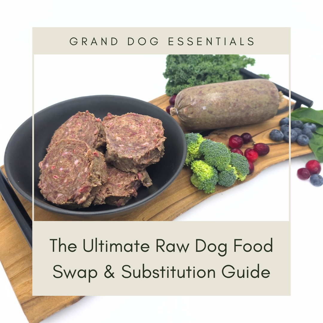 Four Roots Raw dog food in a bowl laid on a wooden platter with various fruits and vegetables