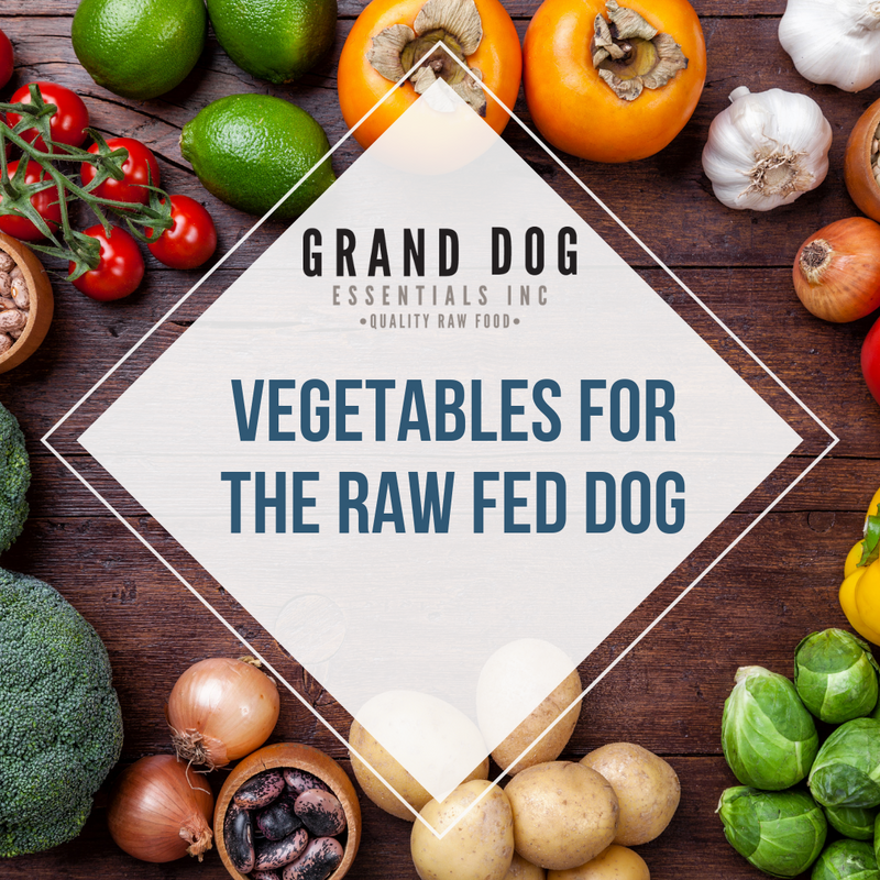 Vegetables laid out on a cutting board with the title "Vegetables for the Raw Fed Dog" listed and the name Grand Dog Essentials