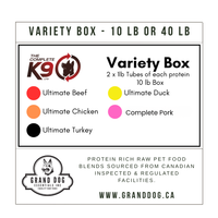 A product information graphic for a pet food variety box. The graphic shows the text 'VARIETY BOX - 10 LB OR 40 LB' at the top, with a central box listing included items: 'The Complete K9 Variety Box' containing Ultimate Beef, Ultimate Chicken, Ultimate Duck, and Complete Pork, plus Grand Dog Essentials branding at the bottom.
