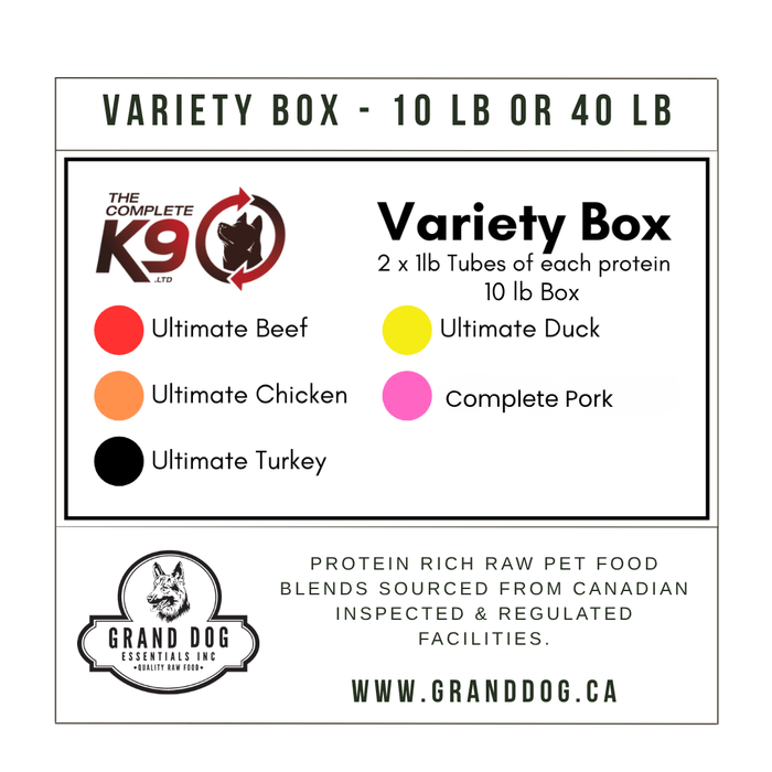 A product information graphic for a pet food variety box. The graphic shows the text 'VARIETY BOX - 10 LB OR 40 LB' at the top, with a central box listing included items: 'The Complete K9 Variety Box' containing Ultimate Beef, Ultimate Chicken, Ultimate Duck, and Complete Pork, plus Grand Dog Essentials branding at the bottom.