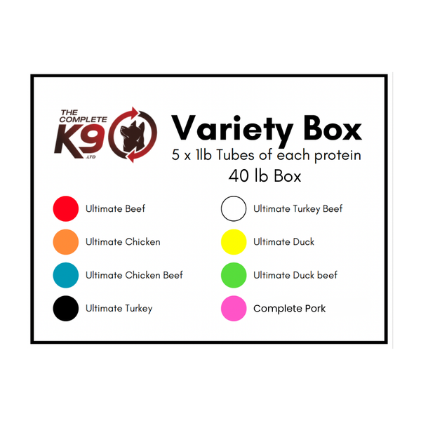 A product information graphic for 'The Complete K9 Variety Box' showing available protein tube options with colored circles and text on a white background.