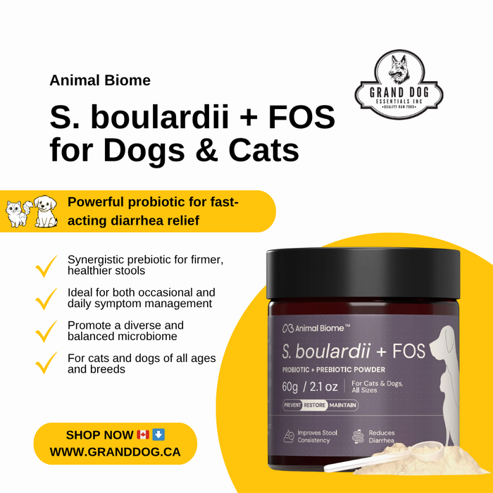 Promotional image of Animal Biome S. boulardii + FOS for dogs and cats with product packaging and branding.