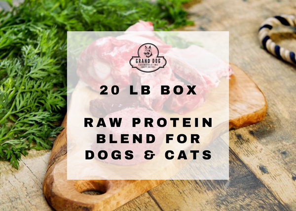 PIcture of raw pet food in the background with the words in the foregound: 20 lb box: raw protein blend for dogs and cats