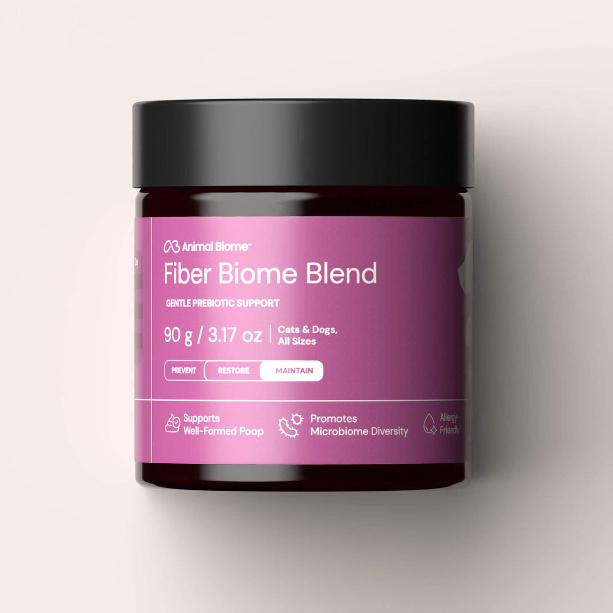 Jar of Fiber Biome Blend with purple label on a light gray background
