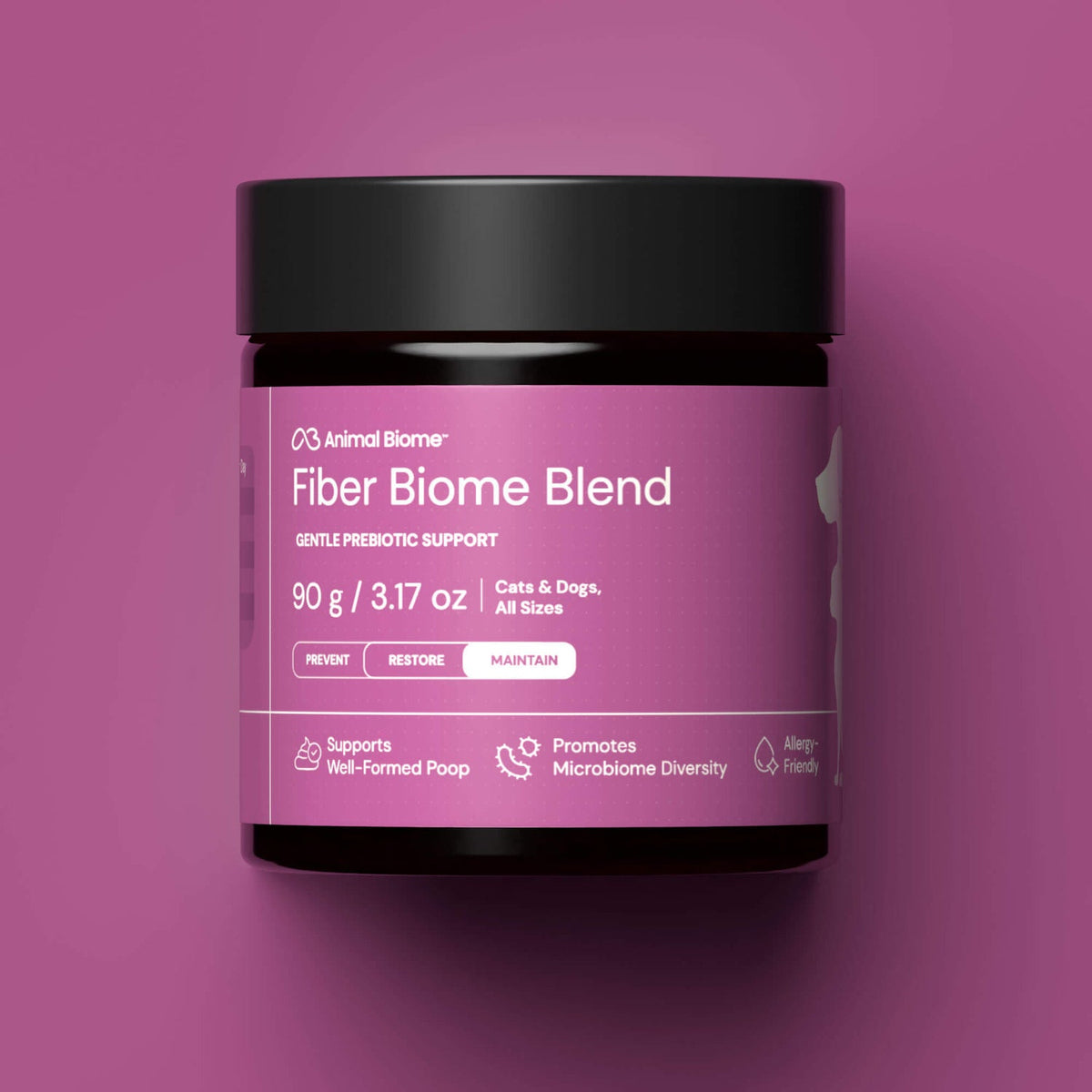 Jar of Animal Biome Fiber Biome Blend on a purple background