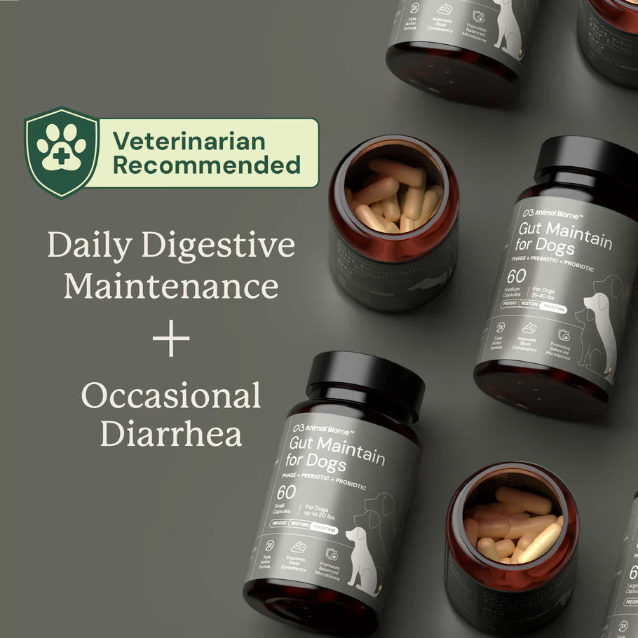 Animal Biome products with 'Veterinarian Recommended' label on a dark background