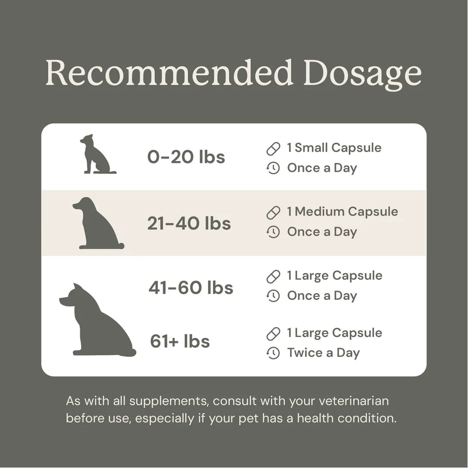 Recommended dosage chart for capsules  of Animal Biome Gut Maintain based on dog weight on a gray background