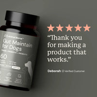 Pet supplement bottle with five-star review text on a dark background