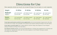 Supplement capsule usage chart with directions for different weight and symptom severity levels.