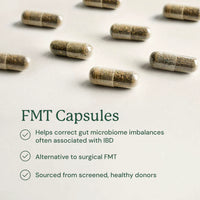 FMT capsules on a light background with text about their benefits.