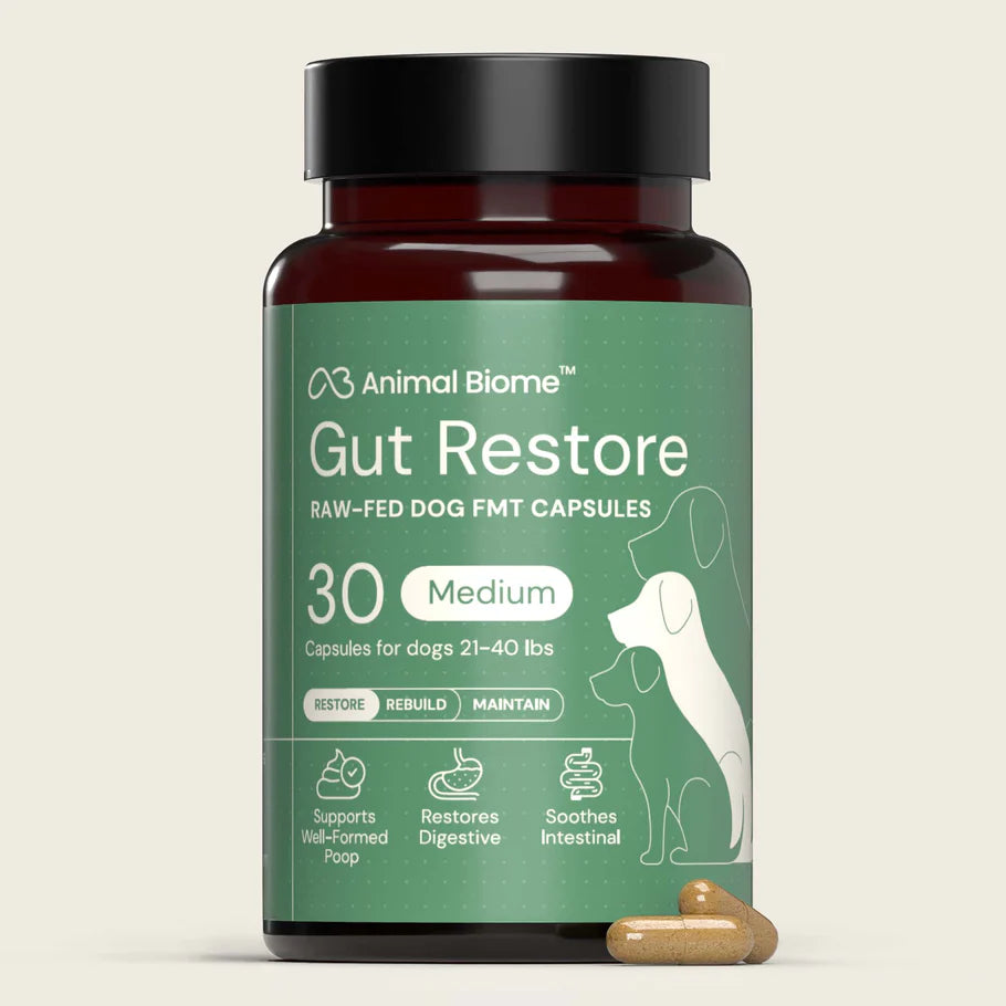 Bottle of Animal Biome Gut Restore for dogs on a beige background