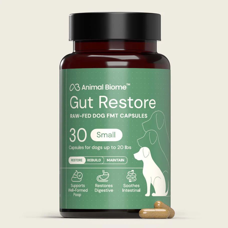 Bottle of Animal Biome Gut Restore for dogs on a beige background