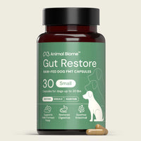 Bottle of Animal Biome Gut Restore for dogs on a beige background