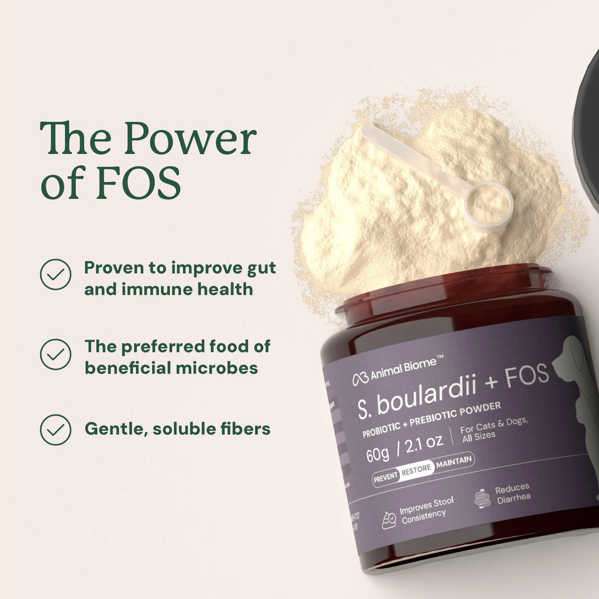 Container of Animal Biome S. boulardii + FOS powder with text highlighting its benefits on a light background
