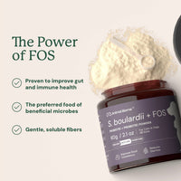 Container of Animal Biome S. boulardii + FOS powder with text highlighting its benefits on a light background