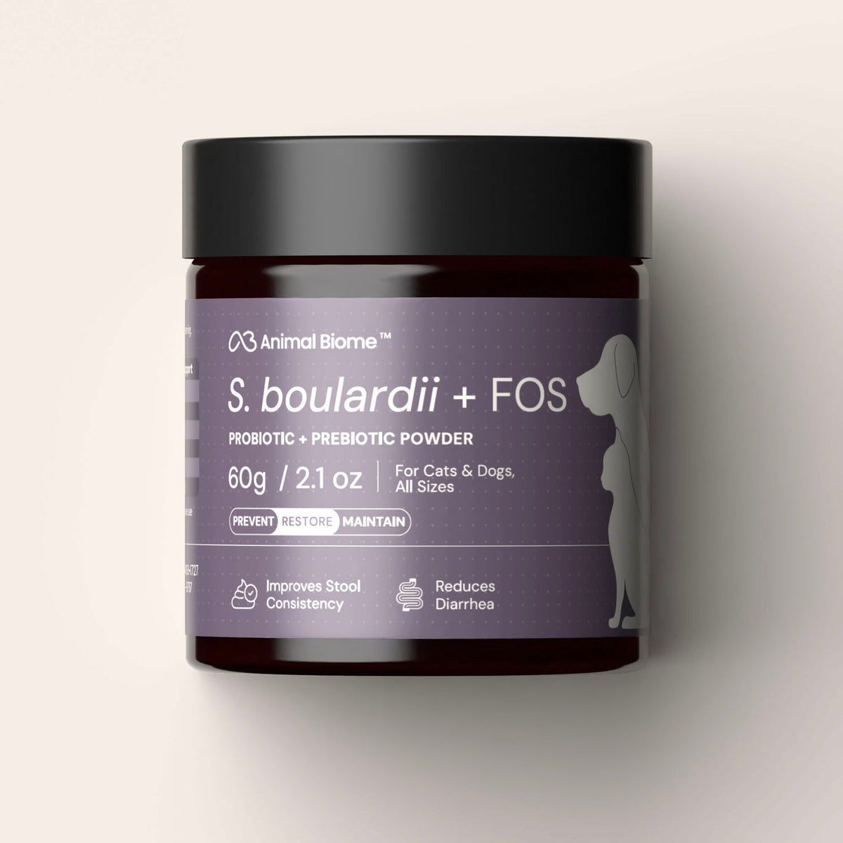 Jar of S. boulardii + FOS powder for pets on a light gray background