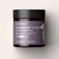 Jar of S. boulardii + FOS powder for pets on a light gray background