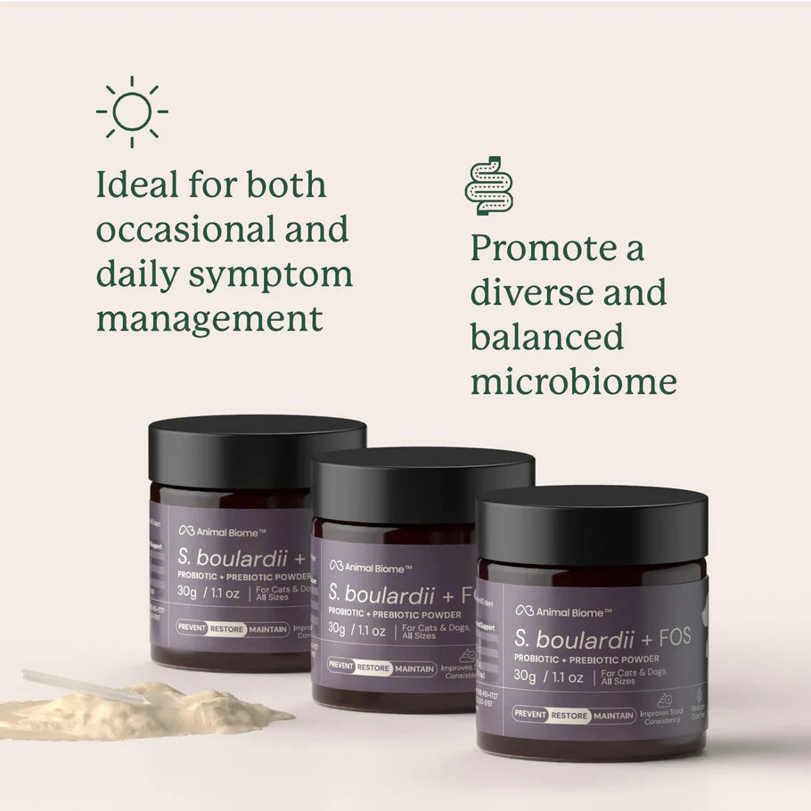 Three jars of a probiotic product with text about symptom management and microbiome balance on a light background.