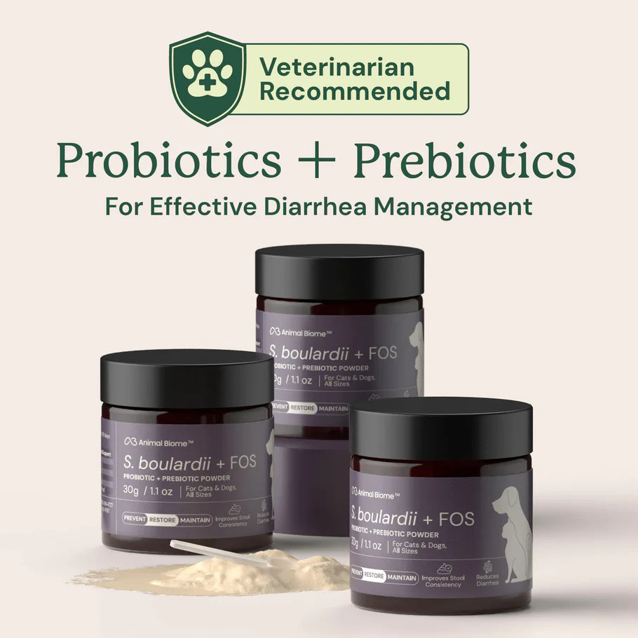 Jars of probiotics and prebiotics for effective diarrhea management with 'Veterinarian Recommended' label.