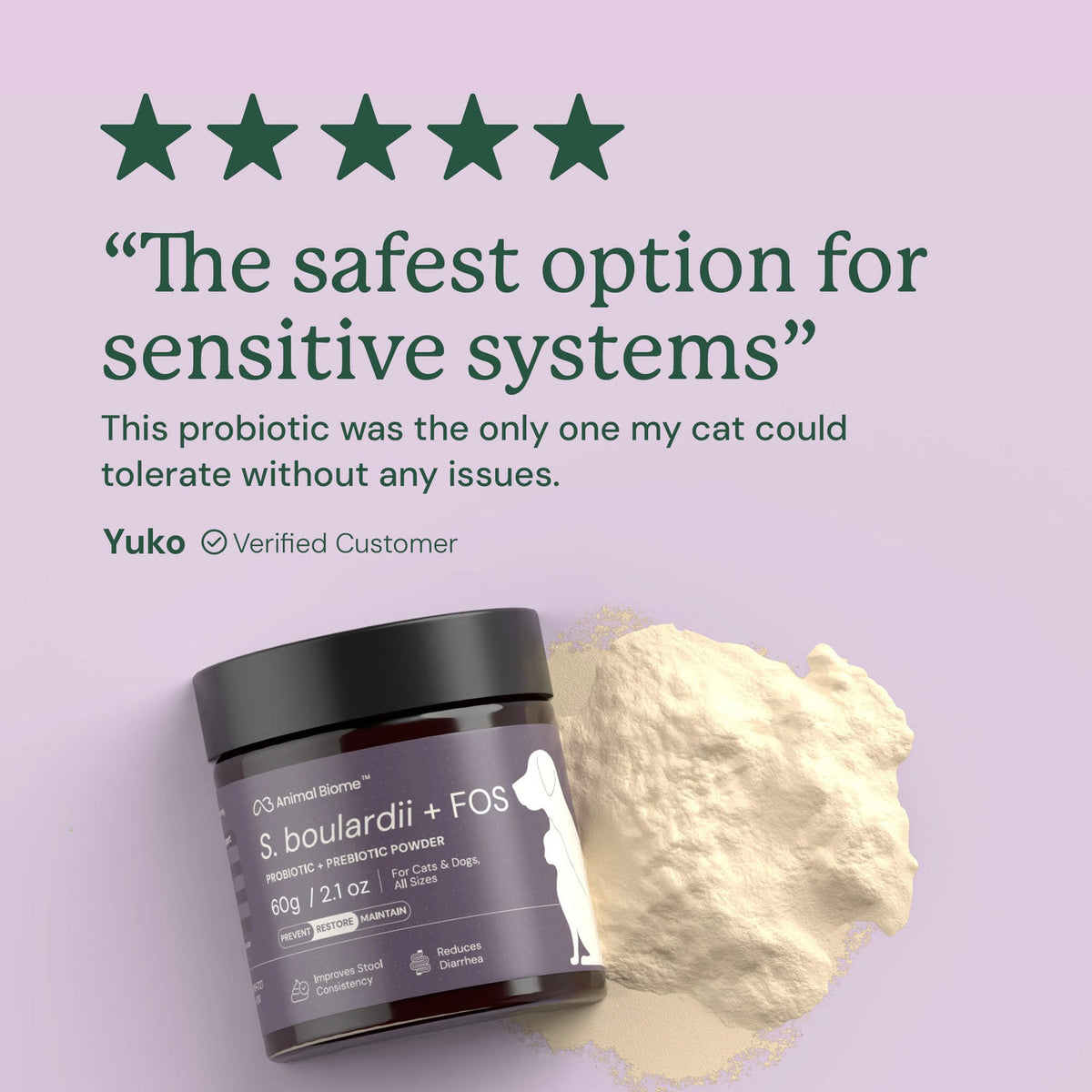 Probiotic powder container with text about its safety for sensitive systems on a light purple background