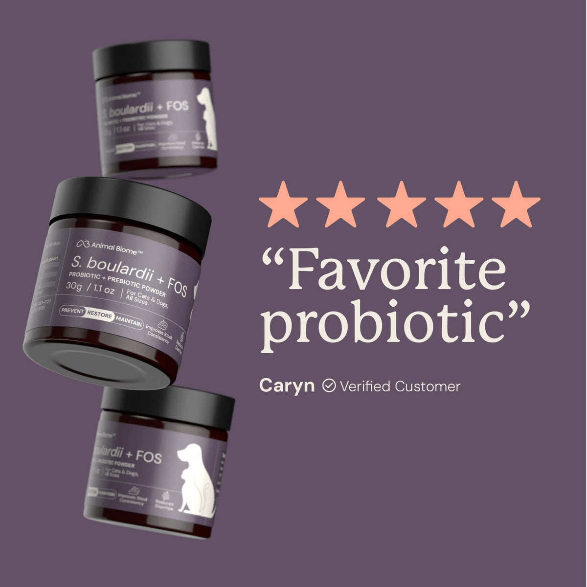Three containers of a probiotic product with a five-star rating and customer review on a purple background.