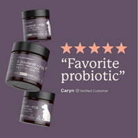 Three containers of a probiotic product with a five-star rating and customer review on a purple background.