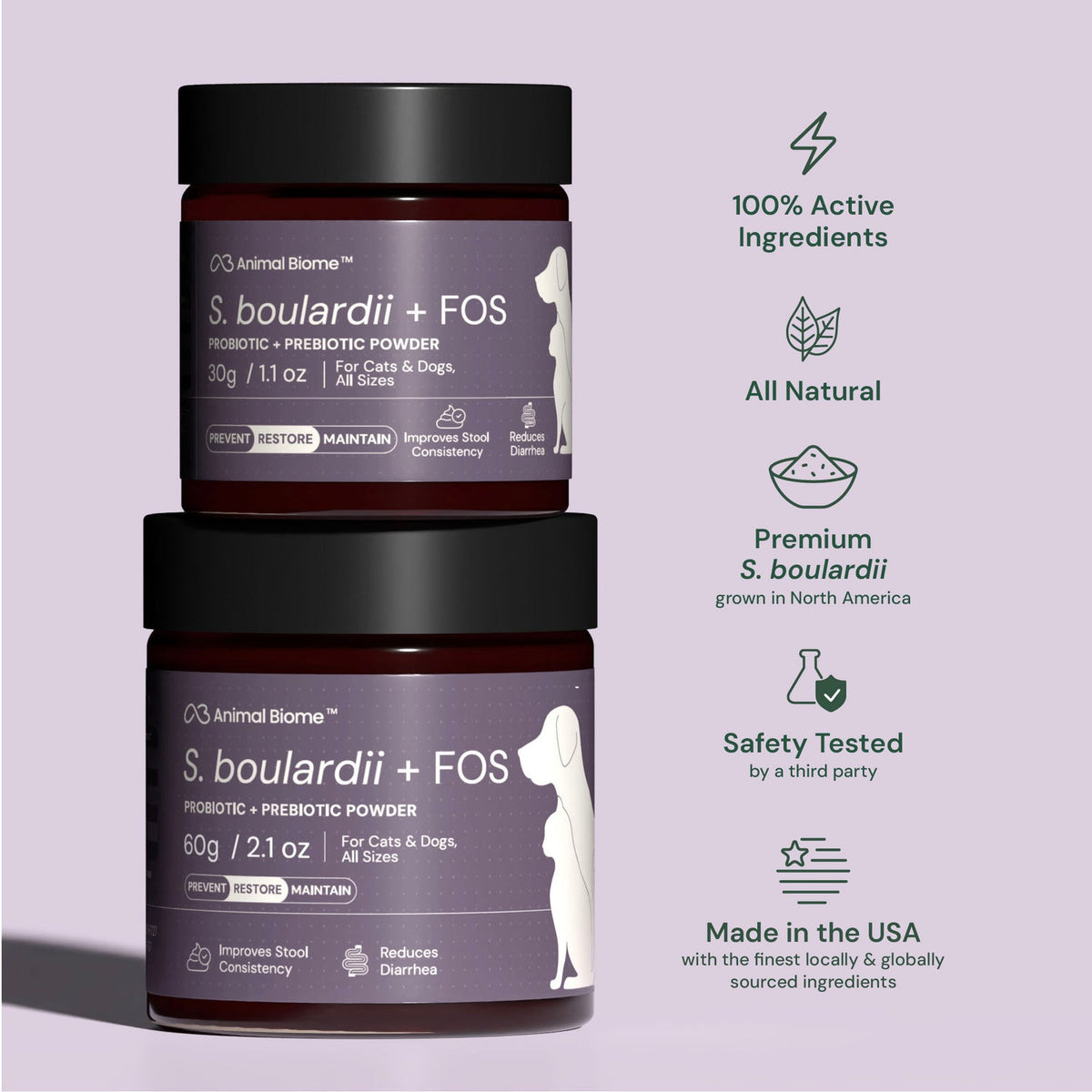 Two containers of S. boulardii + FOS powder on a light purple background with product features listed.