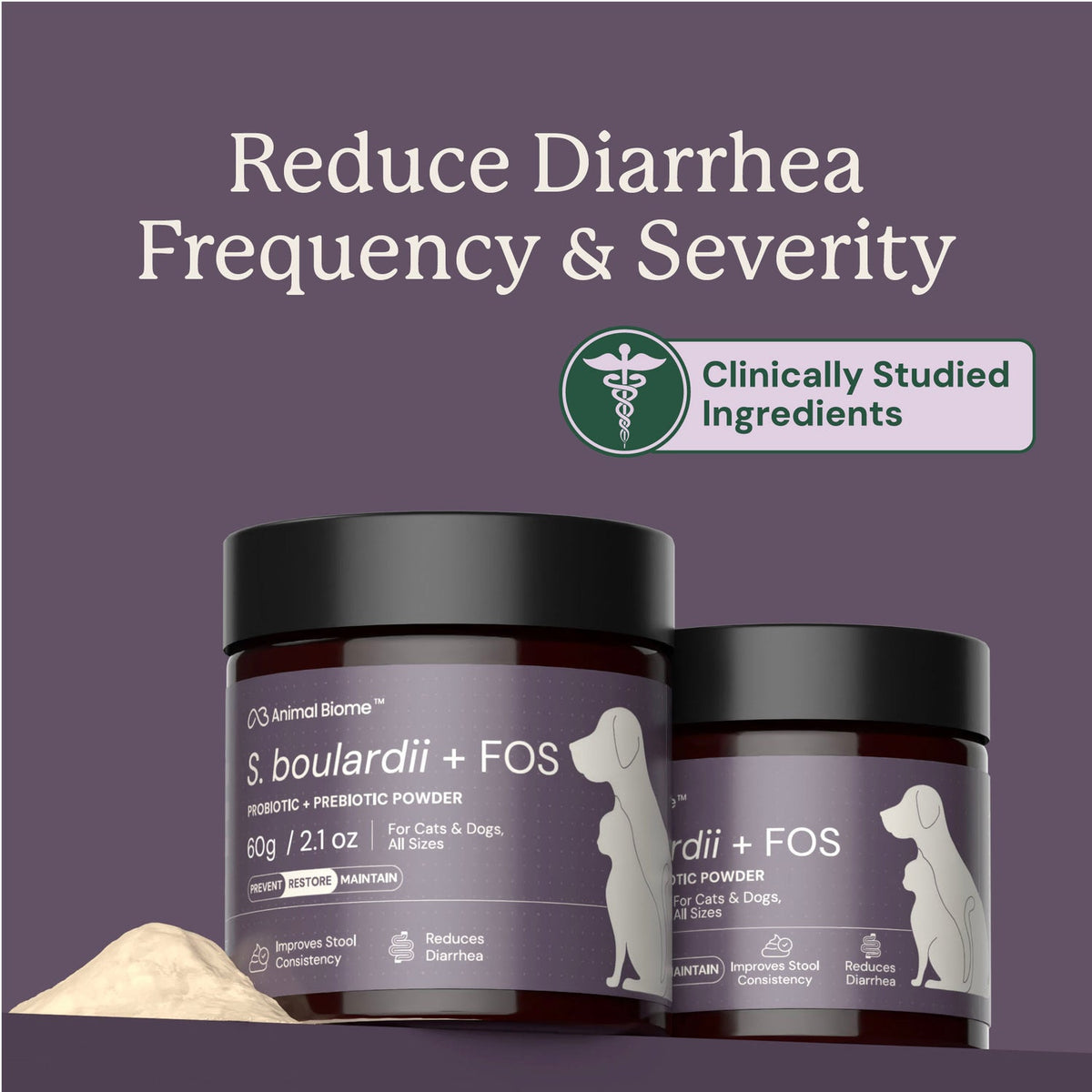 Two containers of S. boulardii + FOS powder for pets on a purple background with text about reducing diarrhea.