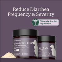Two containers of S. boulardii + FOS powder for pets on a purple background with text about reducing diarrhea.