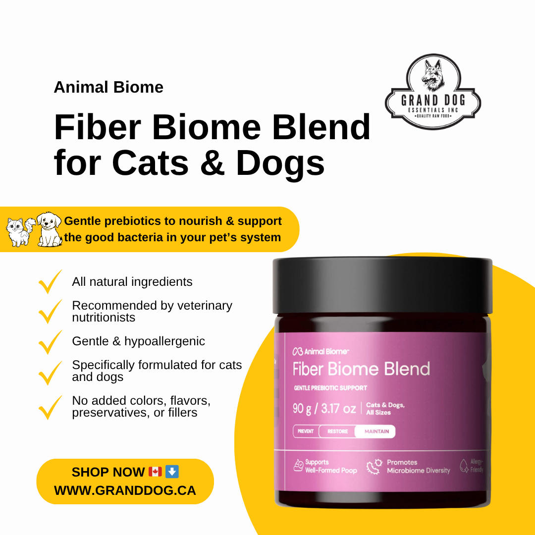 Advertisement for Animal Biome Fiber Biome Blend for cats and dogs with product packaging on a white background.