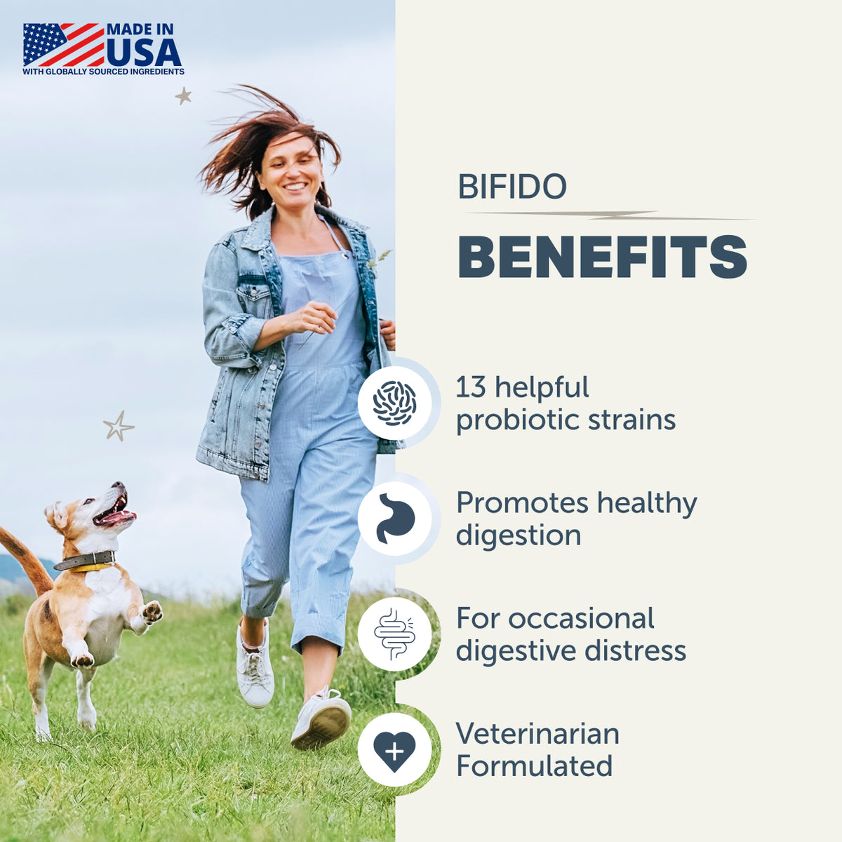 Woman running with a dog in a grassy field, with text about Bifido benefits on the right side.