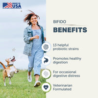 Woman running with a dog in a grassy field, with text about Bifido benefits on the right side.