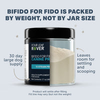 Dog supplement jar with text explaining weight packaging and product details.
