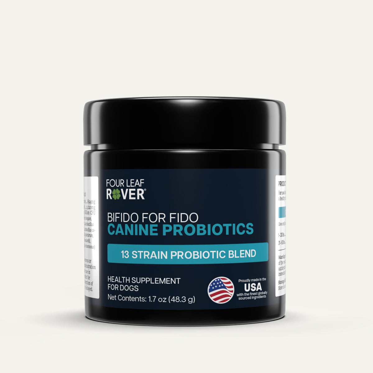 Four Leaf Rover canine probiotics jar on a white background