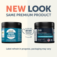 Two containers of Four Leaf Rover Bifido for Fido with text indicating a new look and same premium product.