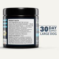 Black container with product facts label on a white background