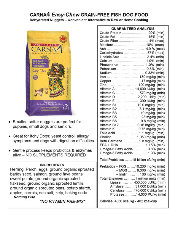 Carna4 Easy-Chew grain-free fish dog food packaging with nutritional information and ingredients listed.