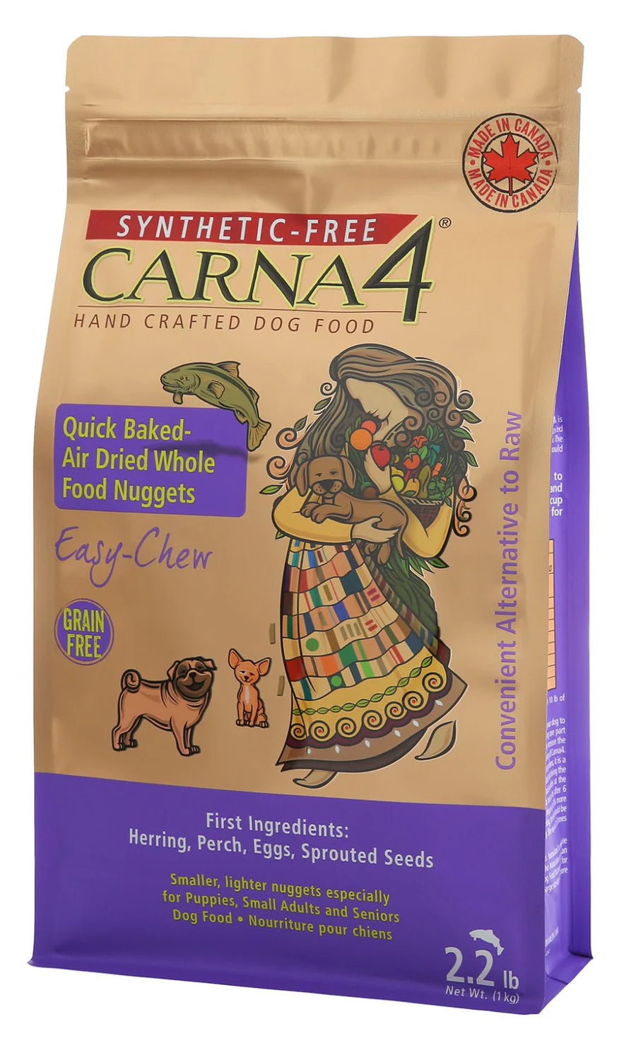 Bag of Carna4 synthetic-free fish dog food with a colorful illustration on a white background