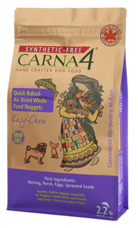 Bag of Carna4 synthetic-free fish dog food with a colorful illustration on a white background