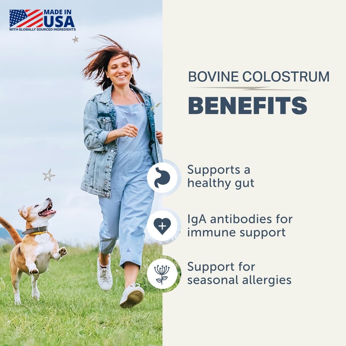 Woman running with a dog in a field, with text about bovine colostrum benefits on a white background.