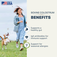 Woman running with a dog in a field, with text about bovine colostrum benefits on a white background.