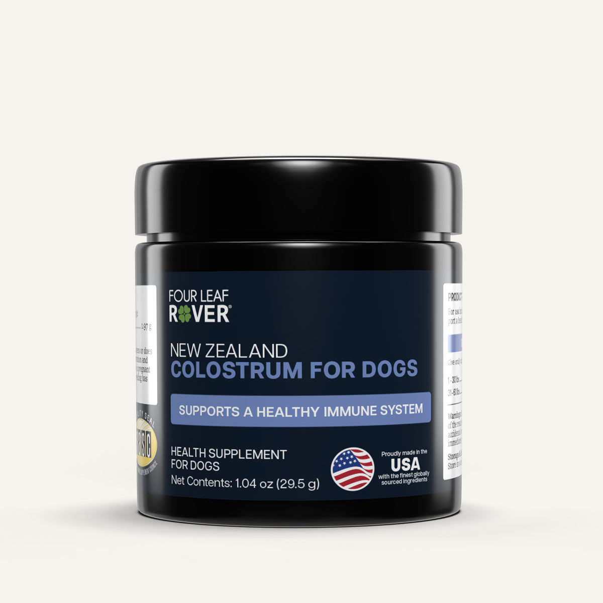 Four Leaf Rover New Zealand Colostrum for Dogs supplement jar on a white background