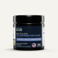 Four Leaf Rover New Zealand Colostrum for Dogs supplement jar on a white background